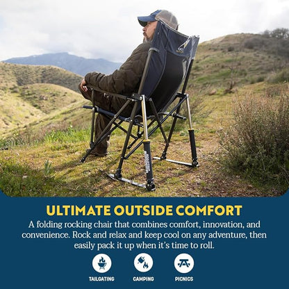 GCI OUTDOOR RoadTrip Rocker Camping Chair | Portable, Folding Rocking Chair with Solid, Durable Armrests, Drink Holder & Comfortable Extended Backrest — Indigo Blue