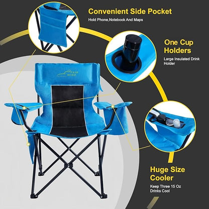 FAIR WIND Oversized Padded Camping Chair with Footrest Stool Heavy Duty Cooler Bag Chair for Fishing, Tailgating, Sports Games, Backyard - Support 300 LBS Blue