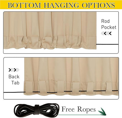 NICETOWN 2 Panels Outdoor Curtains for Patio Waterproof & Windproof, Thermal Insulated Top & Bottom Pocket & Back Tab Light Block Outdoor Drapes with Bonus Rope for Fixed, Biscotti Beige, W52 x L95