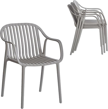 Modern Stackable Outdoor & Indoor Plastic Dining Chairs Set, Outdoor Breathable Armchairs Set, Weather-Resistant, Ideal for Patios, Cafes, and Home Use, No Assembly, Set of 4 (Grey)