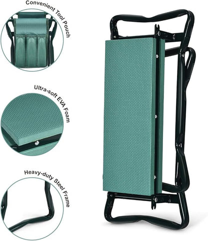 2-in-1 Garden Kneeler & Seat, Folding Seat w/EVA Foam Kneeling Pad & Removable Tools Pouch, Sturdy Steel Frame, No Assembly, Portable Heavy Duty Garden Stool for Women & Men