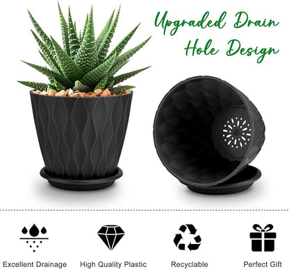 4 inch Plant Pots, 5 Pack Flower Pots Outdoor Indoor, Planters with Drainage Holes and Tray Saucers(Black)