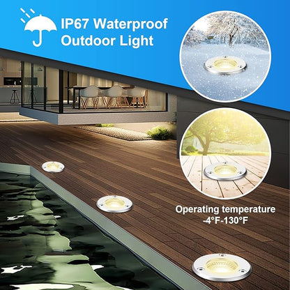 LED Landscape Lights, 12 Pack 7W Ground Lights With 24 Connectors, Low Voltage In-Ground Well Pathway Lighting, Warm White, Waterproof for Driveway, Deck, Step, Garden