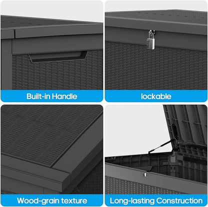 ROJIK Outdoor Storage Housing Deck Box - Waterproof Patio Furniture, Garden Tools, Cushions, Pool Accessories Storage Bench with Lockable Lid and Side Handles (Black, 315 Gal)
