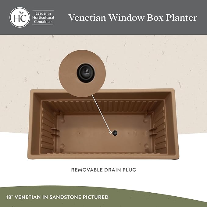 The HC Companies Venetian Window Planter Box w/Drain Plug - Long Planter Box for Windowsills, Balconies & More - Plastic Rectangular Outdoor Planters for Herbs & Flowers (18" Warm Gray, Pack of 1)