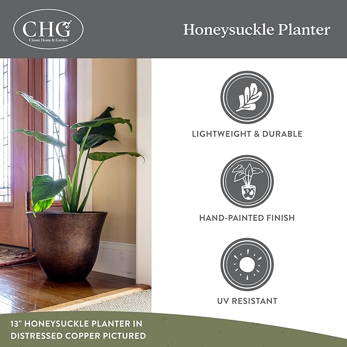 Classic Home and Garden Honeysuckle Resin Planters - Lightweight Indoor & Outdoor Plant Pots - UV-Resistant Plastic Flower Pots - Pot Planters for Flowers & Herbs (15" Grained Beige)