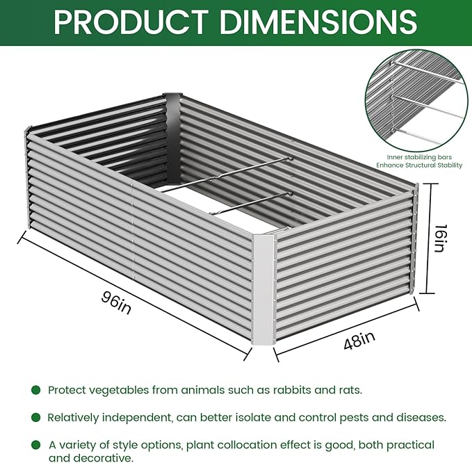 FRIZIONE 2pcs Tall 8x4ft Galvanized Raised Garden Bed Outdoor,Above Ground Garden Bed for Vegetable,Metal Raised Beds for Flower,Steel Raised Beds for Gardening