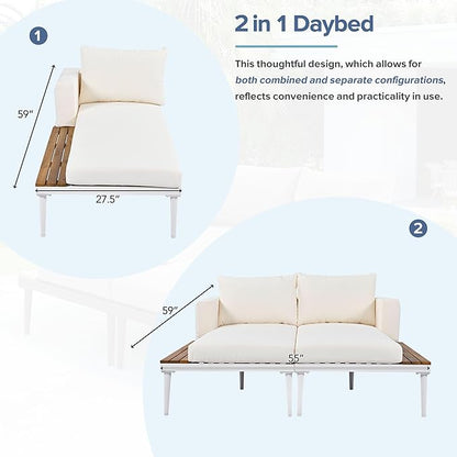 LUMISOL Outdoor Patio Daybed Metal Daybed with Cushions and Wood Topped Side Spaces for Drinks, 2 in 1 Padded Chaise Lounges for Poolside, Balcony, Deck, Beige