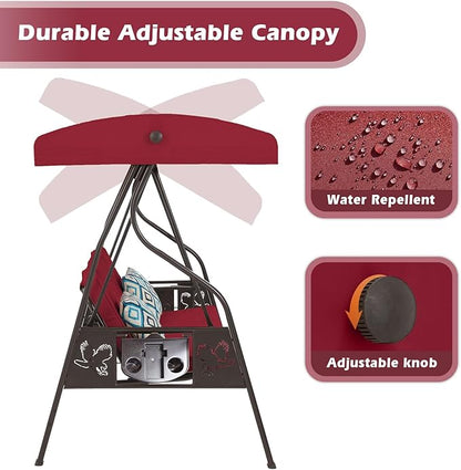 3-Seat Outdoor Porch Swing with Stand, Patio Swing with Canopy, 2 in 1 Porch Swing Bed & Patio Swing Chair for Adult w/Extra Pillows and Cup Holder for Yard (Wine Red)