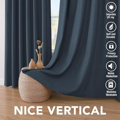 H.VERSAILTEX Linen Curtains 100% Blackout Curtains for Bedroom 90 inch Long Full Light Blocking Nature Linen Blended Window Curtains for Living Room Nickel Grommet (2 Panels, Navy)