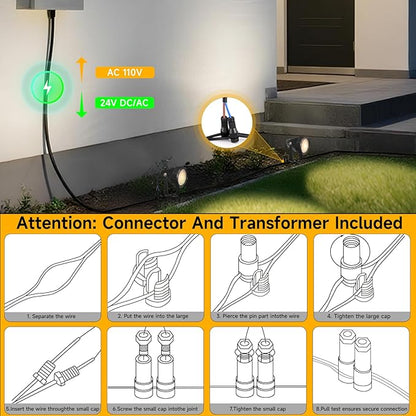 Low Voltage Safety Landscape Lights Outdoor: 7W 840LM LED Landscape Lighting with Connectors & Transformer for Tree Garden Yard Pathway | 24V Warm Yellow 3000K Spotlights | IP65 Waterproof | 6 Pack