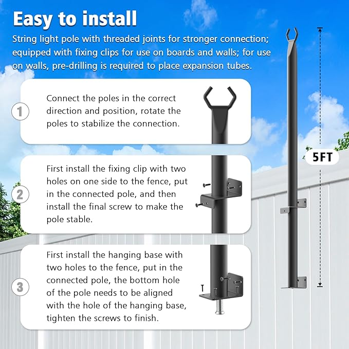 AILBTON 6 Pack 5Ft String Light Poles,Light Poles for Outside String Lights,Outdoor Light Poles with Fence Bracket,Metal Pole Stand for Patio,Backyard,Deck