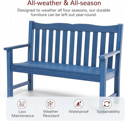 Stoog Outdoor Bench, 2-Person All-Weather HIPS Plastic Garden Bench with 800lb Capacity, Never Rot or Fade, Used for Patio, Porch, Backyard, Blue