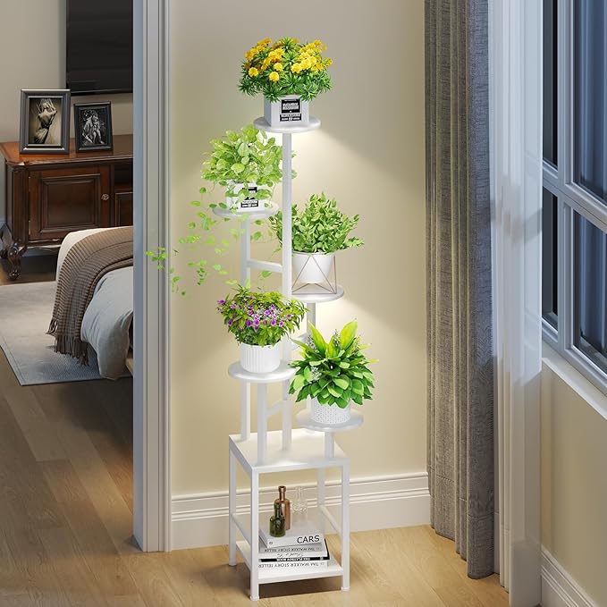 Plant Stand Indoor with Grow Light, 6-Tiered Tall Plant Stand Indoor, Metal Plant Shelf with Hanging Basket Hook and Adjustable Light, Ideal for Living Room, Garden, Round Patio white
