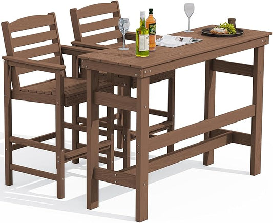 SERWALL Outdoor Bar Table and Chairs Set, Adirondack Bar Chairs Set of 2 and Bar Height Table, All Weather HDPE Patio Bar Set, Outdoor Furniture for Outside, Brown