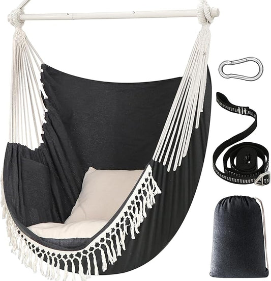 Chihee Hammock Chair 4.9ft x 3.9ft Max 500 Lbs Widen Hanging Swing 2 Cushions Included Metal Spreader Bar with Anti-Slip Grooves Portable Comfy Hanging Chair Side Pocket Bohemian Chair Indoor Outdoor