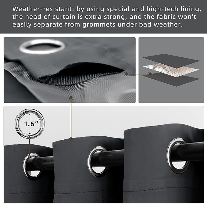 Waterproof Outdoor Curtain W105 x L95 - Grommet Top Sunlight Blocking Window Treatment Drapes Blackout Curtains for Home Bedroom Living Room Outdoor Patio Porch Pergola Cabana Gazebo (Dark Gray)
