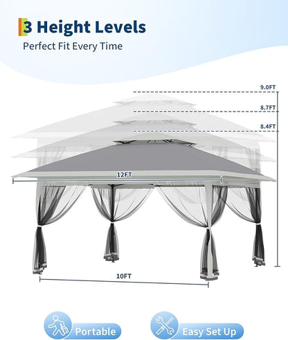 Canopy Tent 12x12 ft, Pop Up Gazebo One-Push Setup with 4 SandBags for Backyard Parties and BBQs, Mosquito Netting & Height Adjustable - Grey