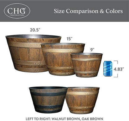 Classic Home and Garden Outdoor Round Whiskey Resin Flower Pot Barrel Planter, Kentucky Walnut Brown, 9" (Pack of 4)