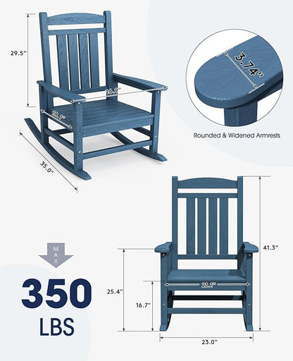 KINGYES HDPE Outdoor Rocking Chair, Widened Seat Patio Rocking Chair, Oversized All Weather Patio Rocker, Navy