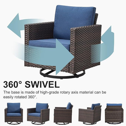 Belord Family Reunion Patio Conversation Set - 6 Piece Outdoor Sectional Furniture Set with Storage Box and Wicker Swivel Glider Chair Set of 2,Removable Blue Cushions for Deck Backyard Sunroom