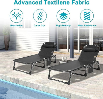 ABORON 2PK Heavy Duty Tanning Chair, 5-Gear Outdoor Folding Chaise Lounge Chair with Cushion,Portable Beach Lounge Chair for Outdoor Sunbathing Patio Pool Lawn Deck Poolside