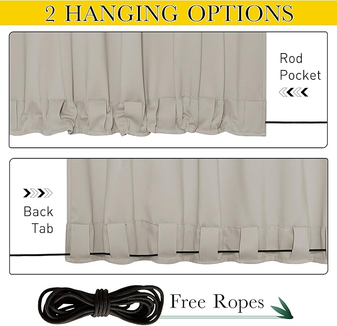NICETOWN Outdoor Curtains for Patio Waterproof 108 inches Long 2 Panels, Windproof Thermal Insulated Top & Bottom Grommet/Back Tab Privacy Drapes with Rope for Gazebo, Natural, W52 x L108