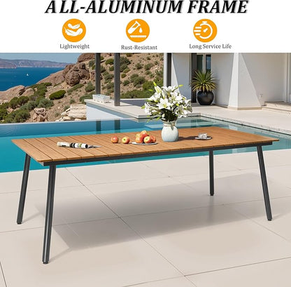 83" Patio Outdoor Dining Table for 6-8, Weather-Resistant Wood-Grain Top with Aluminum Frame & Umbrella Hole for Deck Gatherings, Brown