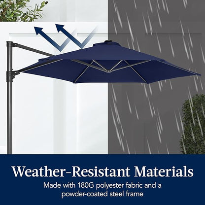 Best Choice Products 10ft Solar LED Offset Cantilever Hanging Market Patio Umbrella, Smooth 360° Rotation, 8 Sturdy Ribs, Easy Adjustment - Navy Blue
