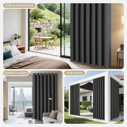 Joydeco Blackout Patio Sliding Door Curtains 108 Inches Long, Grommet Privacy Room Divider Curtains, Extra Wide Thermal Blackout Drapes for Bedroom Living Room (Grey, 100Wx108L, 1 Panel)