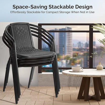 VINGLI PE Rattan Outdoor Dining Chairs Set of 4, Plastic Stackable Patio Chairs for Indoor, Porch, Restaurant, Garden, Black