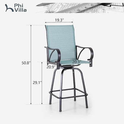 PHI VILLA Outdoor Bar Stools Set of 6, Swivel Patio Bar Stools & Chairs, High Top Bar Seating for Outside, Balcony，Porch and Backyard, Teal