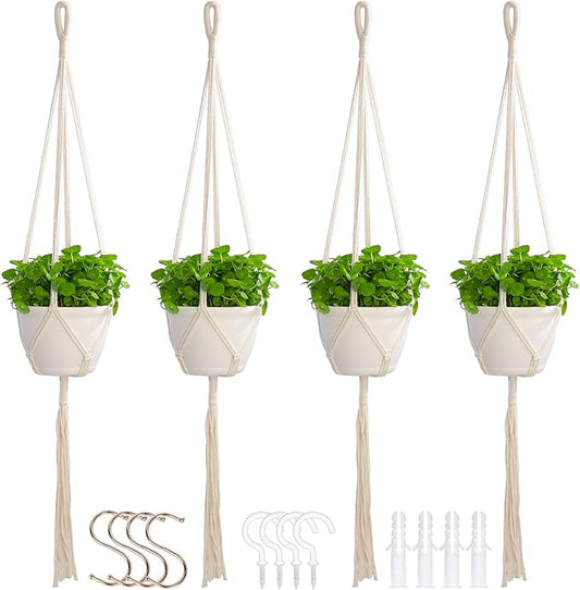 Macrame Plant Hangers Indoor Macrame,4 Pack Hanging Planter Holder for Window,Ceiling Crochet Handmade Boho Home Decor Set for Hanging Plants Basket Pot,Ivory