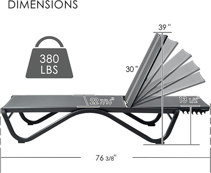 Kozyard Outdoor Chaise Lounge Chair, Full Flat Adjustable Patio Lounger with Aluminum Frame & Resin Legs, Textilene Fabric for Poolside, Backyard & Beach (Gray, Chair)
