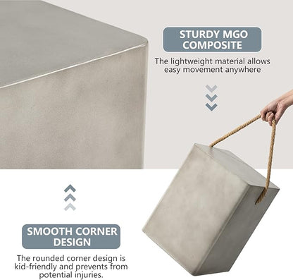 COSIEST Concrete Side Table, Rectangular Outdoor Side Table w Hemp Rope Handles,15''Patio Side Tables End Table, Outdoor Accent Coffe Table for Garden and Patio, Grey