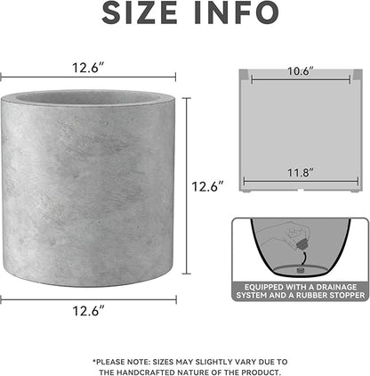 Kante 12.6" Dia Round Concrete Planter, Modern Style Large Cylindrical Plant Pot with Drainage Hole and Rubber Plug for Indoor Outdoor Patio, Natural Concrete