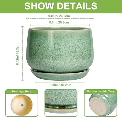 G EPGardening Ceramic Planter - 9 Inch Plant Pot with Drainage Hole and Saucer, Modern Round Planter, Flower Pot for Indoor Outdoor Plants, Garen House Room Decor, Housewarming Gifts, Green