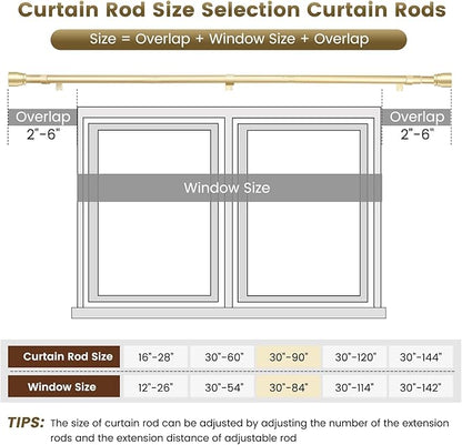 1” Diameter Gold Curtain Rod Itself is 30-90 Inch 2 Pack, Fit 30 to 84 Inch Windows with Heavy Duty Adjustable Telescopic Rod，Splicing Metal Extra Long Curtain Rod for Windows