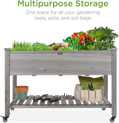 Best Choice Products Raised Garden Bed 48x24x32-inch Mobile Elevated Wood Planter w/Lockable Wheels, Storage Shelf, Protective Liner - Gray
