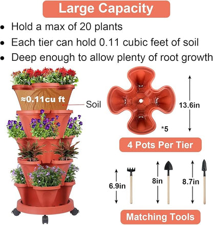 GameXcel Vertical Planter 5 Tier Stackable Planters Garden Planters Strawberry Herb Flower and Vegetable Planter Indoor Outdoor Gardening Pots with Removable Wheels and Tools - Red