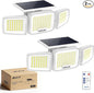 White Solar Security Light Outdoor Super Bright LED, Motion Sensor Flood Light, 3 Heads 270° Wide Angle, Remote Control, IP65 Waterproof, 3 Modes (2 Packs)