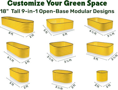 9-in-1 Galvanized Steel Raised Garden Bed // 8×2×1.5 ft Modular Planter for Gardening, Vegetables, Flowers // 18" Tall Metal Raised Garden Beds Outdoor (Yellow) // Patented Design Planter Box
