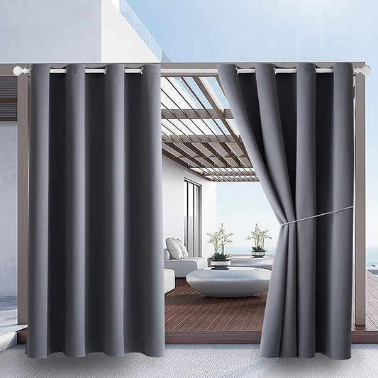 Outdoor Indoor Curtains W52 x L132 for Patio - Weather-resistant Window Panels Privacy Protect Grommet Top Thermal Insulated Home Curtain for Porch Pergola Lawn Garden Hot Tub Area (Gray, 2 Panels)