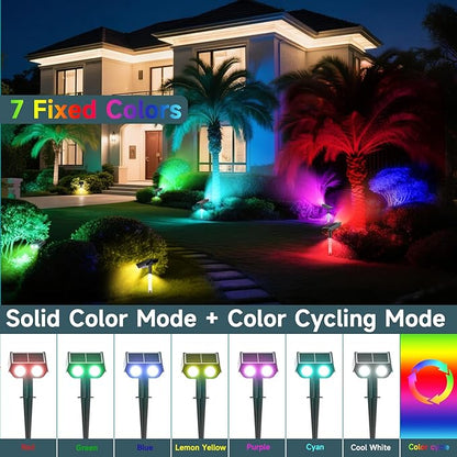 RGB Solar Spot Lights : 2 IN 1 Solar Lights Outdoor with 8 Lighting Modes & PC Light Guide Column for Tree Garden Yard Pathway | RGB Color Changing Landscape Lights | IP65 Waterproof | 12 Pack