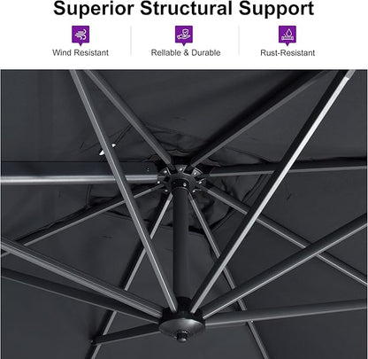 PURPLE LEAF 10 Feet Patio Umbrella with Base Outdoor Cantilever Round Umbrella Aluminum Offset Umbrella with 360-degree Rotation for Garden Deck Pool Patio, Grey
