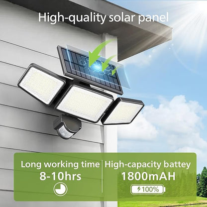 Philips Solar Security Light Outdoor 302 LED 1200lm，Solar-Powered Waterproof Wall-Mounted Flood Light w/PIR Motion Sensor, 3 Heads, IP65 Waterproof, 3 Modes (4 Packs)