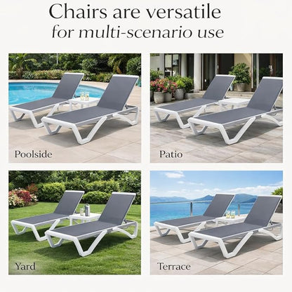 Kozyard Outdoor Chaise Lounge Chair, Full Flat Adjustable Patio Lounger with Aluminum Frame & Resin Legs, Textilene Fabric for Poolside, Backyard & Beach (Gray, 2Chairs with Table)
