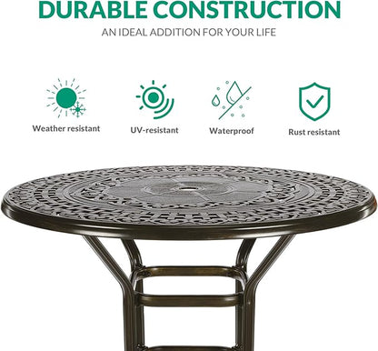 VIVIJASON 5-Piece Outdoor Swivel Bar Stools Set, All Weather Cast Aluminum Patio Bar Height Bistro Set with 4 Cushioned Bar Chairs & 38.5" High Bar Table w/Umbrella Hole for Backyard, Lawn, Garden