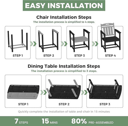 HDPE Outdoor Patio Dining Set with Table & 4 Chairs, All-Weather 5-Piece Outdoor Table and Chairs, 2" Umbrella Hole, Patio Furniture for Garden, Backyard, Deck | Matte Black
