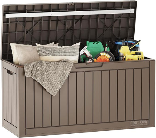 EAST OAK Outdoor Storage Box, 60 Gallon Deck Box Indoor and Outdoor Use, Waterproof Resin Storage Bin for Patio Cushions, Gardening Tools, Lockable, UV Resistant, Brown